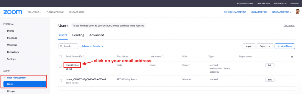 Zoom Account User Management screen image